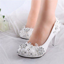 Lace Beaded Flower Wedding High Heel White Bridal Pumps