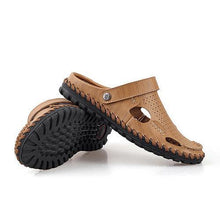 Men Leather Hollow Out Breathable Two Way Wearing Slip On Beach Slipper Sandals