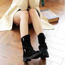 Double Buckle Mif Calf Pure Color Flat Boots For Women
