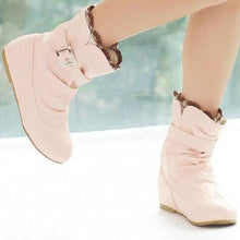 Big Size Lace Heel Buckle Increasing Slip On Mid Calf Flat Boots